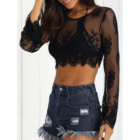 Alluring Long Sleeve Black Lace See-Through Women's Crop Top - Black S