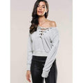 Casual Long Sleeve Lace-Up Crop Top - Light Gray Xl