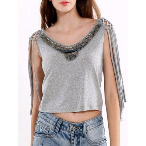 Beaded Lace-Up Grey Crop Top - Gray 3xl