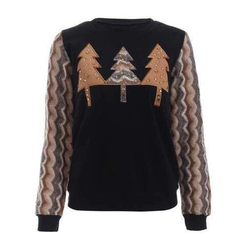 Tree Pattern Splicing Rhinestone Embellished Women's Sweatshirt - Black L