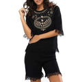 Beaded Rhinestone Embellished Fringed T-Shirt and Shorts Twinset - Black One Size