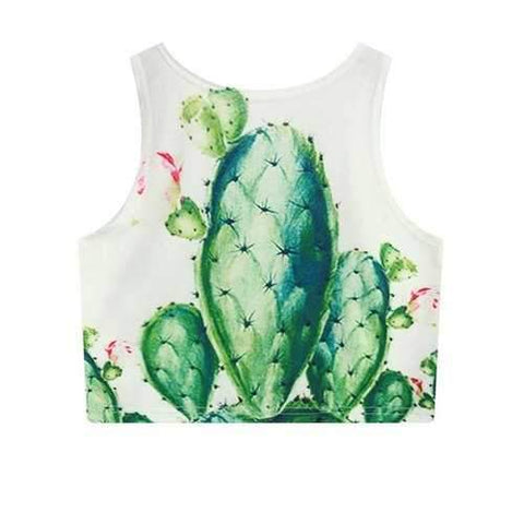 Round Neck Cactus Print Crop Top - White One Size