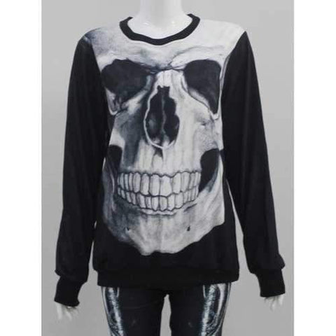 Skull Print Long Sleeve Pullover Sweatshirt - Black M