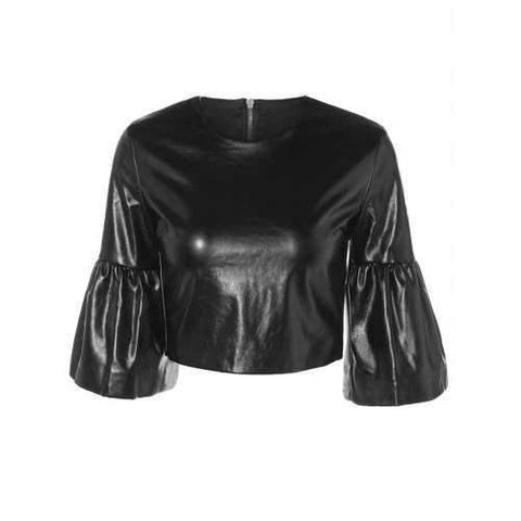 Butterfly Sleeve PU Leather Crop Top - Black M