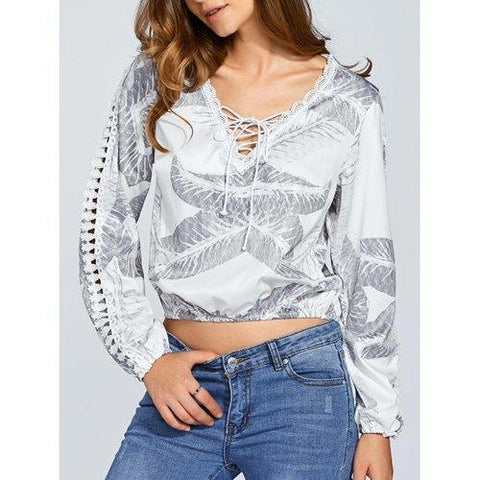 Long Sleeve Printed Lace Up Crop Top - White L