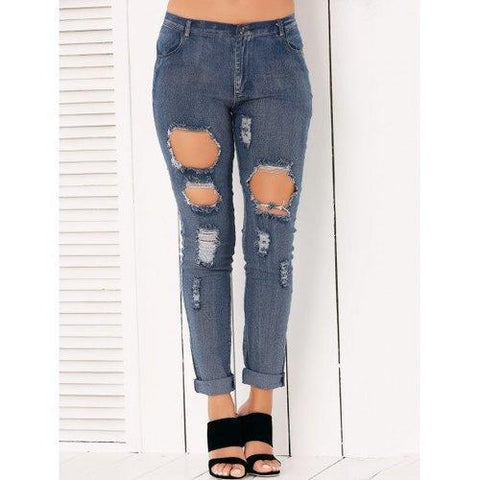 Button Fly Ripped Pencil Jeans - Denim Blue S