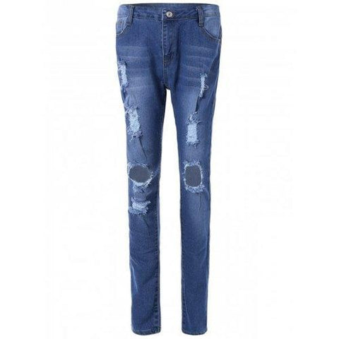 Pocket Design Broken Hole Jeans - Denim Blue L