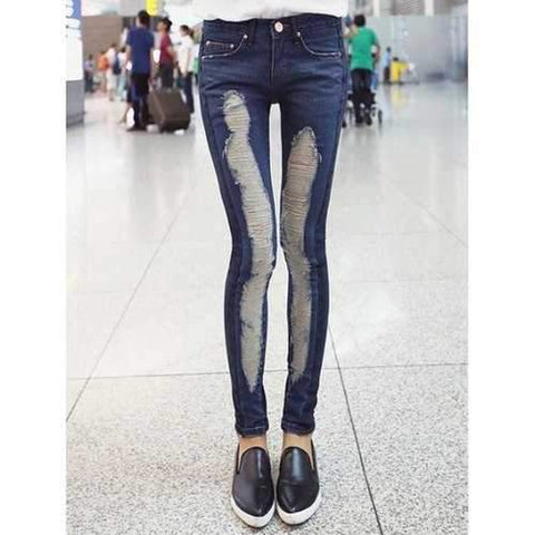 Broken Hole Stretchy Splicing Jeans - Denim Blue S