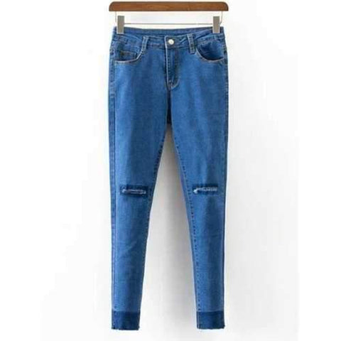 Ripped Slimming Narrow Feet Jeans - Blue L