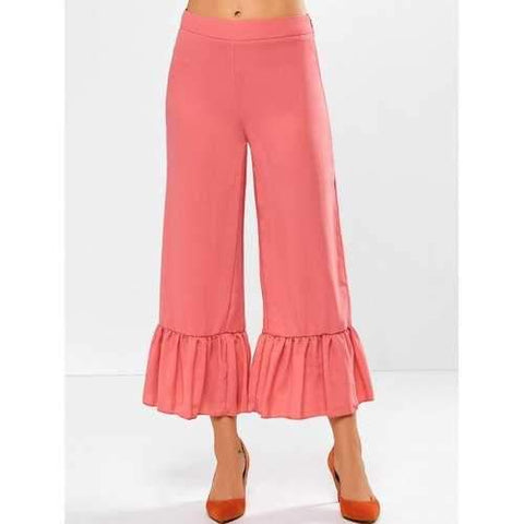 Frilled High Rise Wide Leg Pants - Red Orange S