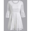Bell Sleeve Openwork Lace Slimming Dress - White One Size