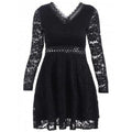 V-Neck Openwork Lace A-Line Dress - Black One Size