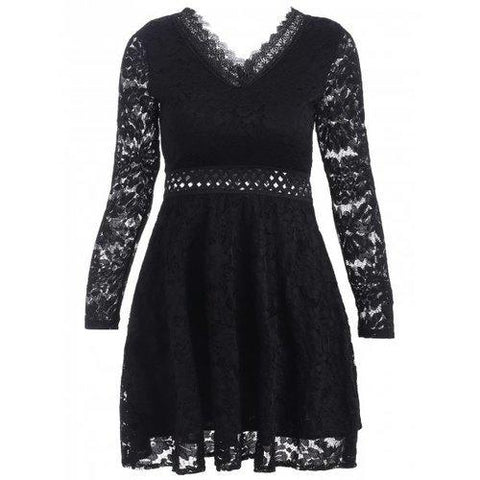 V-Neck Openwork Lace A-Line Dress - Black One Size