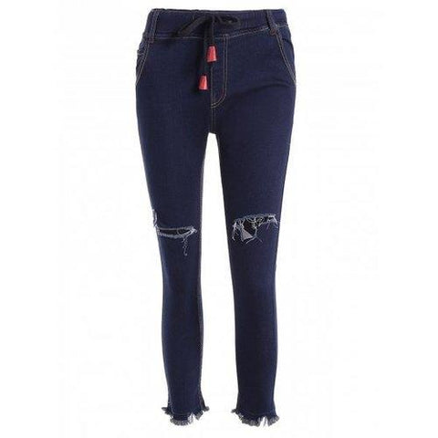 Raw Edge Ripped Drawstring Jeans - Blue S