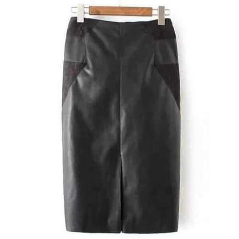 PU Leather Patchwork Midi Pencil Skirt - Black S