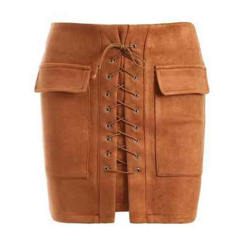 Fall Criss-Cross Bandage Faux Suede Skirt - Dark Khaki L