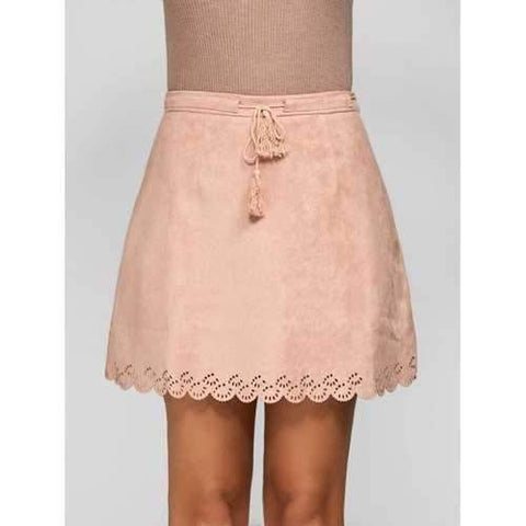 Scalloped Suede Drawstring Tassel Skirt - Pink M