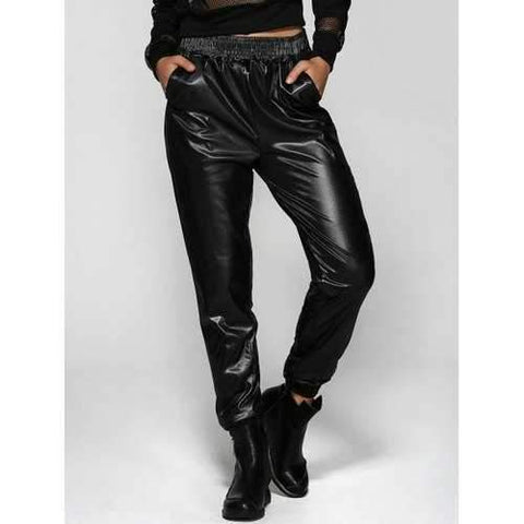 Elastic Waist Ruffled Faux Leather Jogger Pants - Black M