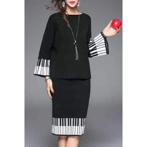 Bell Sleeve Print Knitwear and Skirt - Black One Size