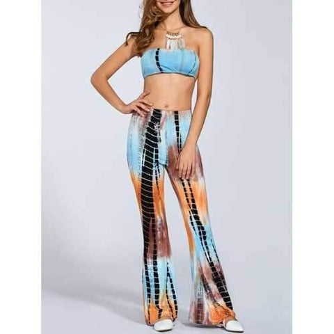 Tie-Dyed Tube Top and Flare Palazzo Pants - Light Blue L