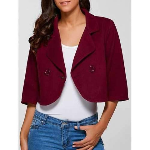 3/4 Sleeve Buttoned Wool Cropped Jacket - Claret 2xl