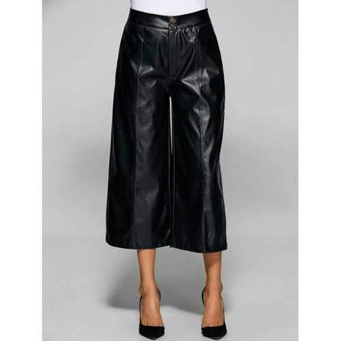 High Waisted Faxu Leather Crop Wide Leg Pants - Black S