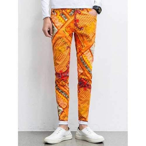Slim-Fit Abstract Paisley Printed Pants - Orange 34