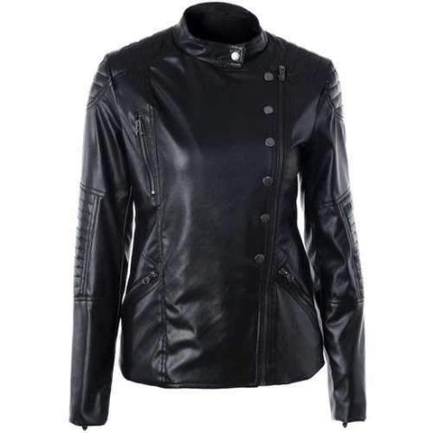 Fitted Oblique Zipper PU Biker Jacket - Black L