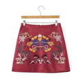 Faux Suede Skirt with Embroidery - Wine Red M