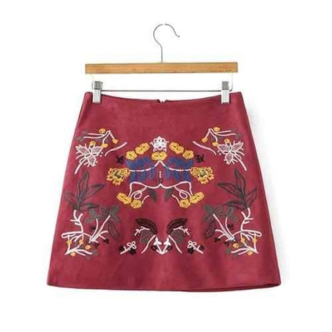Faux Suede Skirt with Embroidery - Wine Red M