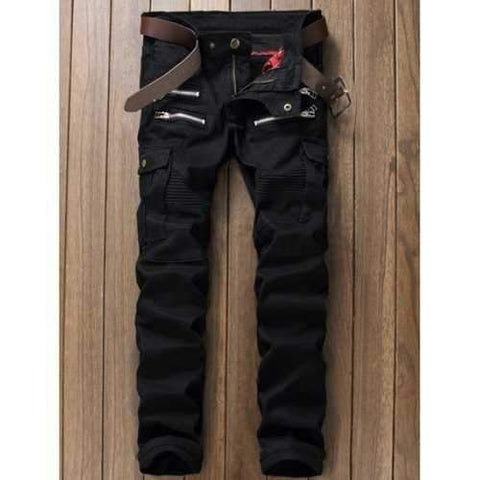 Zippered Multi Pocket Straight Leg Cargo Pants - Black 36