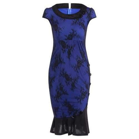 Two Tone Midi Lace Mermaid Bodycon Dress - Blue S