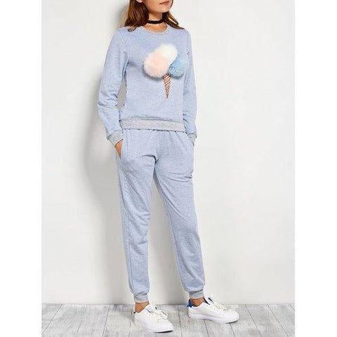 Pompons Pullover Sweatshirt and Running Jogger Pants - Blue Gray M
