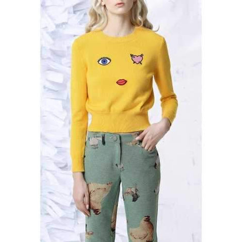 Cartoon Embroidered Sweater - Yellow S