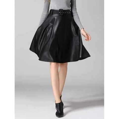PU Leather Belted A-Line Skirt - Black S