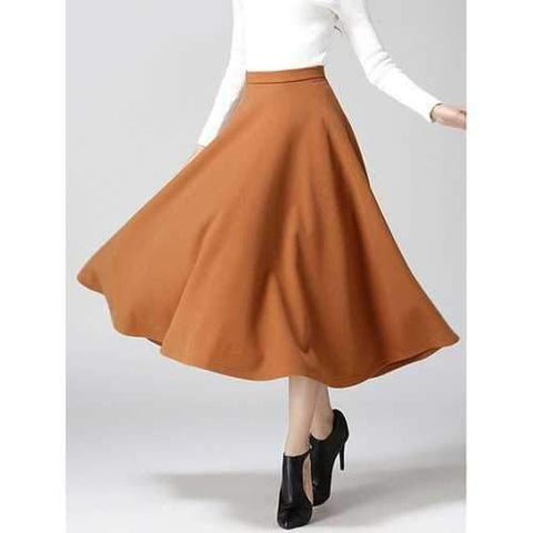 Woolen A-Line Midi Skirt - Khaki L