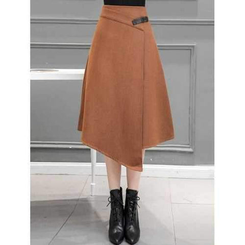 Midi Wool Blend Irregular Skirt - Camel M