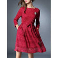 Bowknot Long Sleeve Lace Dress With Brooch - Red 2xl
