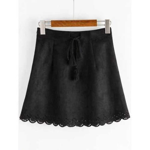 Drawstring Mini A Line Suede Fabric Dress - Black S