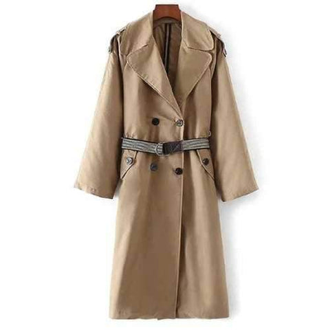 Buttoned Pockets Belted Trench Coat - Khaki L