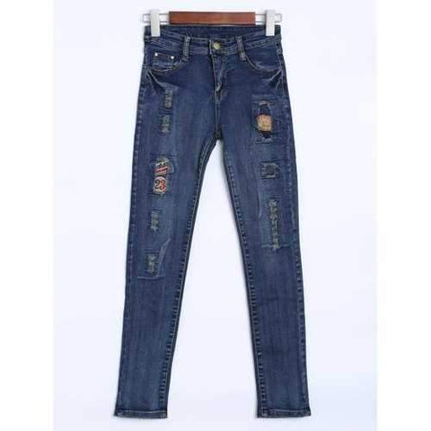 High Waisted Patches Distressed Jeans - Deep Blue 27