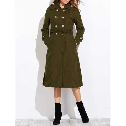 Belted Double Breasted Long Coat - Army Green L