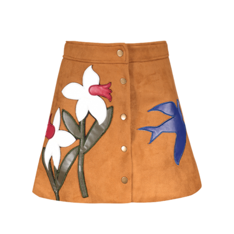 Floral Leather Patch Suede Skirt - Ginger L