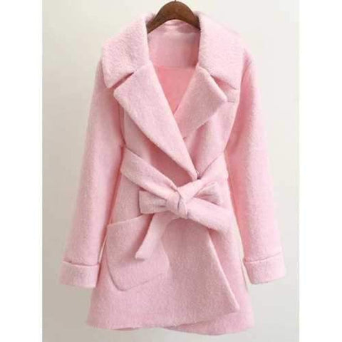 Belted Lapel Wool Coat - Pink M