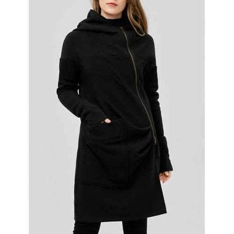 Asymetrical Zipper Hooded Coat - Black L