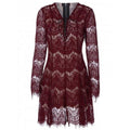 Zip Lace Long Sleeve Criss Cross Dress - Wine Red Xl
