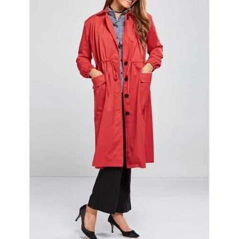Double Pocket Drawstring Long Coat - Red Xl