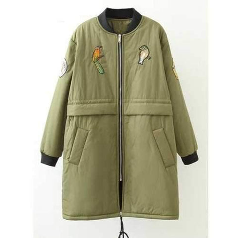 Plus Size Bird Letter Patched Bomber Coat - Army Green Xl