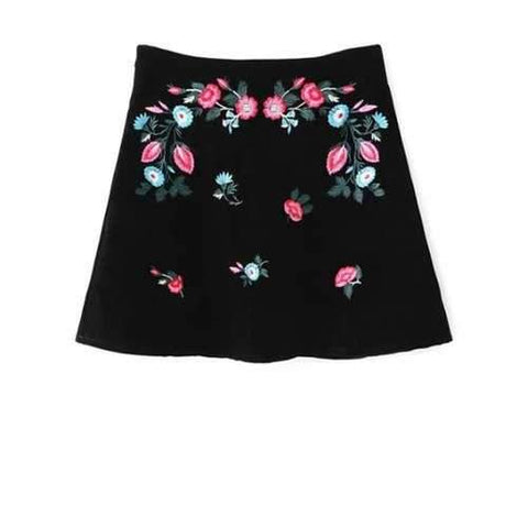 Floral Ethnic Style A-Line Skirt - Black M