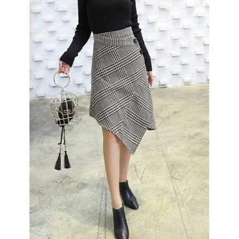 High Waisted Houndstooth Asymmetric Skirt - Gray S